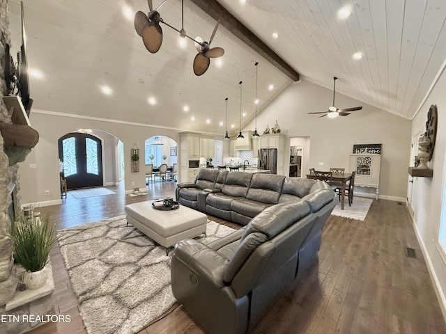 2041 Majestic Cir, Dandridge, TN 37725 - living room featuring arched walkways, wood finished floors, ceiling fan, high vaulted ceiling, and recessed lighting