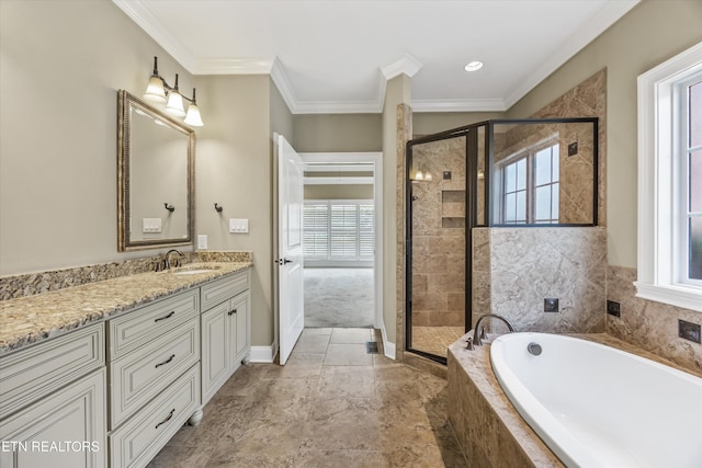 1219 Barton Place Ln, Knoxville, TN 37922 - full bathroom featuring a bath, vanity, healthy amount of natural light, a stall shower, and ornamental molding
