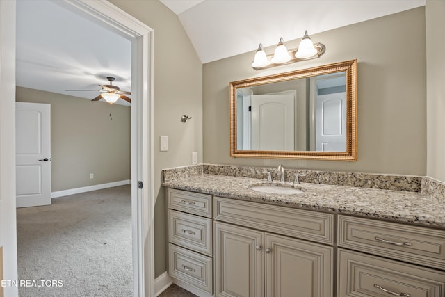 1219 Barton Place Ln, Knoxville, TN 37922 - bathroom with vanity, ceiling fan, and vaulted ceiling