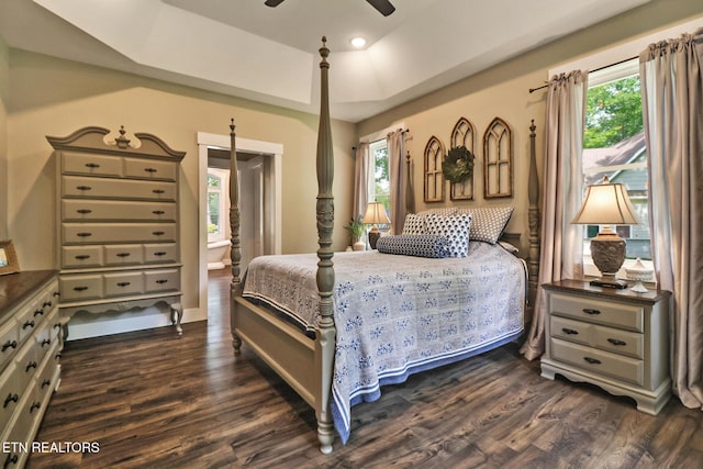 265 Falling Leaf Rd, Jamestown, TN 38556 - bedroom featuring dark wood-type flooring, a tray ceiling, and a ceiling fan