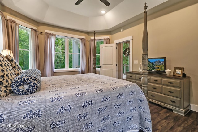 265 Falling Leaf Rd, Jamestown, TN 38556 - bedroom featuring dark wood finished floors, a ceiling fan, and a tray ceiling