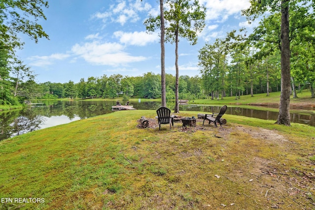 265 Falling Leaf Rd, Jamestown, TN 38556 - view of grassy yard featuring a water view, a fire pit, and a forest view