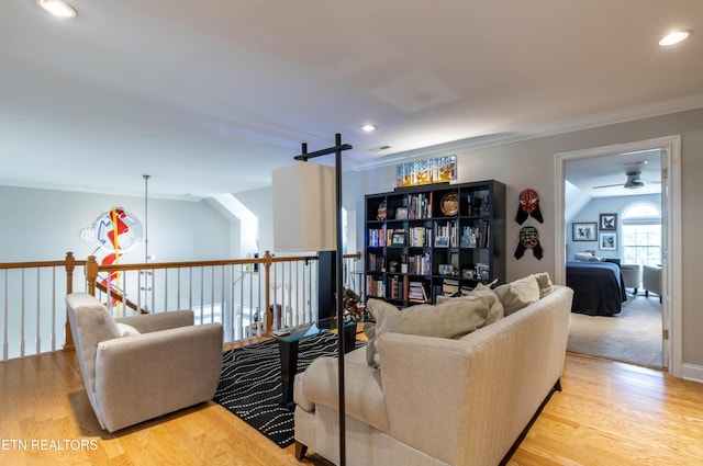 1155 Evelyn Mae Way, Knoxville, TN 37923 - living room featuring a ceiling fan, ornamental molding, light wood finished floors, a barn door, and recessed lighting