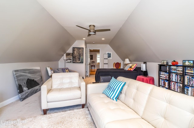1155 Evelyn Mae Way, Knoxville, TN 37923 - living room featuring light carpet, vaulted ceiling, and a ceiling fan