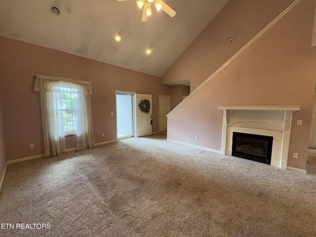 101 Pear Tree Ln, Loudon, TN 37774 - unfurnished living room featuring ceiling fan, a glass covered fireplace, carpet floors, high vaulted ceiling, and recessed lighting