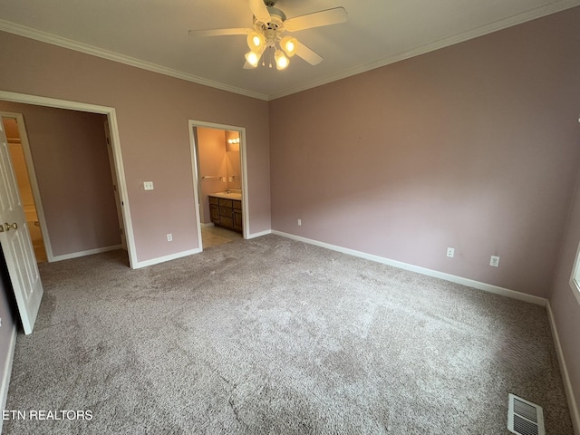 101 Pear Tree Ln, Loudon, TN 37774 - unfurnished bedroom with light colored carpet, crown molding, ensuite bath, and a ceiling fan