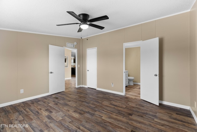 130 Hidden Estates Way, Newport, TN 37821 - unfurnished bedroom featuring crown molding, dark wood finished floors, ensuite bath, a ceiling fan, and a textured ceiling