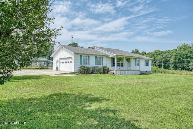 2019 Martha Washington Rd, Clarkrange, TN 38553 - ranch-style house with covered porch, concrete driveway, a front yard, a garage, and crawl space