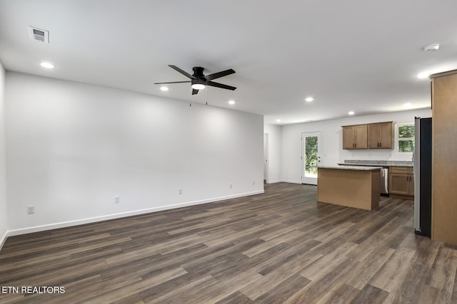 181 Lakeshore Ln, Decatur, TN 37322 - kitchen featuring open floor plan, a center island, a ceiling fan, dark wood-type flooring, and recessed lighting