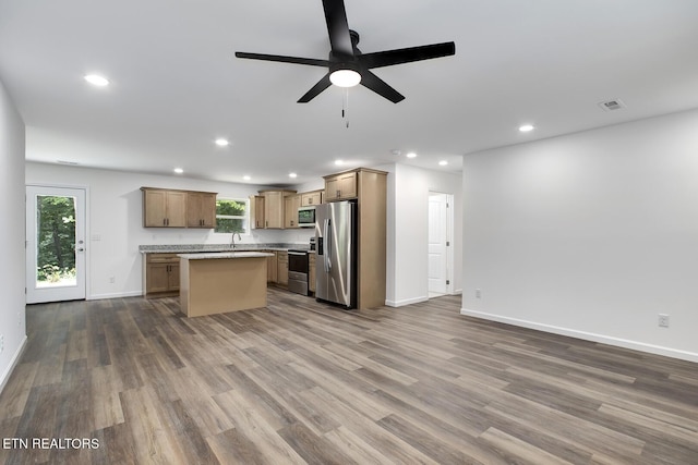 181 Lakeshore Ln, Decatur, TN 37322 - kitchen with appliances with stainless steel finishes, a ceiling fan, open floor plan, dark wood finished floors, and recessed lighting