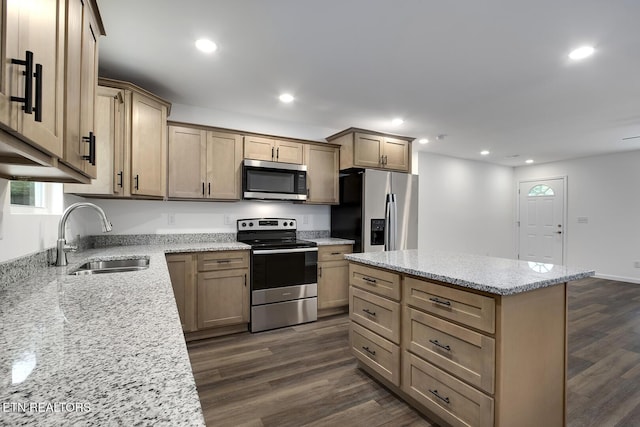 181 Lakeshore Ln, Decatur, TN 37322 - kitchen featuring stainless steel appliances, dark wood-style flooring, recessed lighting, light stone counters, and a kitchen island