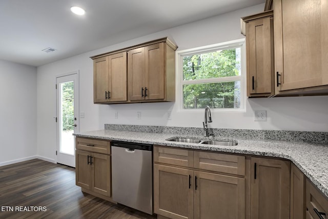 181 Lakeshore Ln, Decatur, TN 37322 - kitchen featuring dishwasher, dark wood finished floors, light stone counters, and recessed lighting