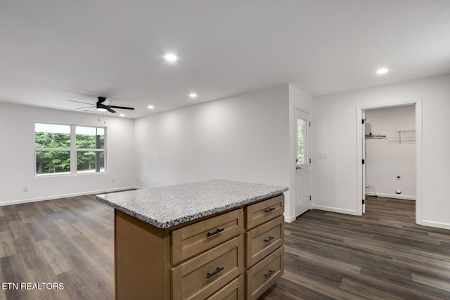 181 Lakeshore Ln, Decatur, TN 37322 - kitchen with a ceiling fan, dark wood-style floors, recessed lighting, a kitchen island, and open floor plan