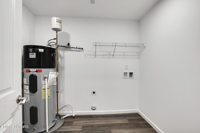 181 Lakeshore Ln, Decatur, TN 37322 - laundry room with hybrid water heater, electric dryer hookup, washer hookup, and dark wood-style flooring