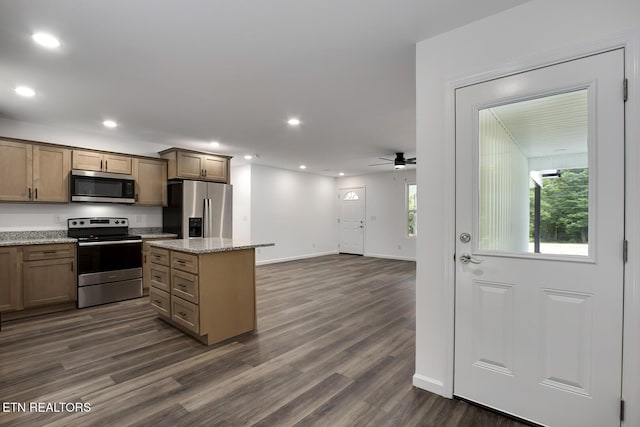 181 Lakeshore Ln, Decatur, TN 37322 - kitchen with stainless steel appliances, dark wood-style floors, ceiling fan, recessed lighting, and a kitchen island