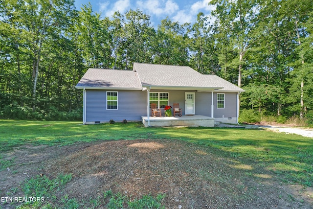 2296 Memory Garden Rd, Jamestown, TN 38556 - ranch-style house with crawl space, a front yard, covered porch, and a shingled roof