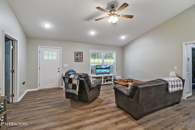 2296 Memory Garden Rd, Jamestown, TN 38556 - living room featuring lofted ceiling, wood finished floors, ceiling fan, and recessed lighting