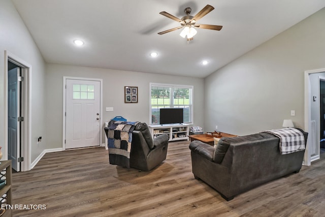 2296 Memory Garden Rd, Jamestown, TN 38556 - living room with lofted ceiling, wood finished floors, a ceiling fan, and recessed lighting