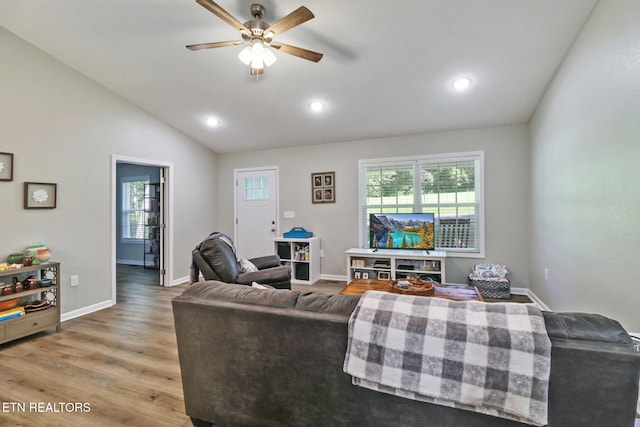 2296 Memory Garden Rd, Jamestown, TN 38556 - living room featuring light wood-style flooring, a ceiling fan, lofted ceiling, and recessed lighting