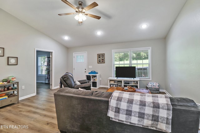 2296 Memory Garden Rd, Jamestown, TN 38556 - living area with light wood finished floors, a ceiling fan, lofted ceiling, and recessed lighting