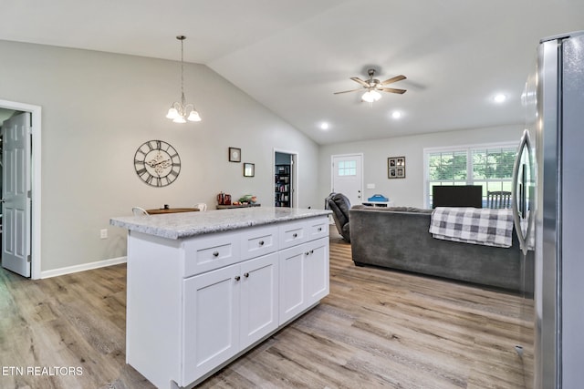 2296 Memory Garden Rd, Jamestown, TN 38556 - kitchen featuring freestanding refrigerator, lofted ceiling, light wood-type flooring, white cabinets, and a ceiling fan