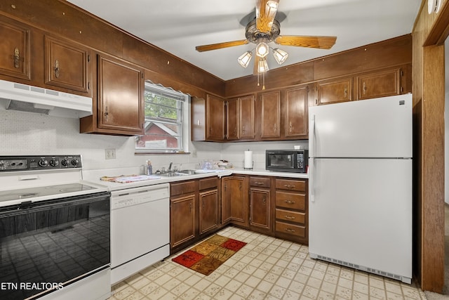 776 Hamilton St, Alcoa, TN 37701 - kitchen featuring white appliances, light countertops, light floors, under cabinet range hood, and ceiling fan
