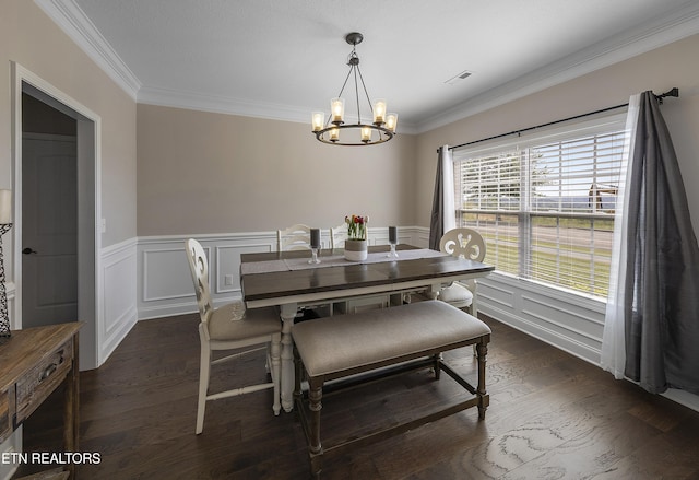 107 Cedarberry St, Oak Ridge, TN 37830 - dining room with a chandelier, crown molding, wainscoting, and dark wood-style floors