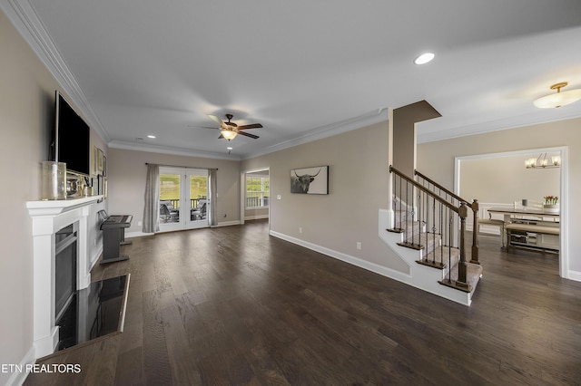 107 Cedarberry St, Oak Ridge, TN 37830 - unfurnished living room featuring ornamental molding, stairway, ceiling fan, recessed lighting, and dark wood-style floors