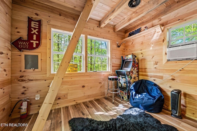 3721 Clabo Mountain Ln, Sevierville, TN 37862 - bedroom featuring wooden walls, a wooden ceiling with exposed beams, wood finished floors, and cooling unit