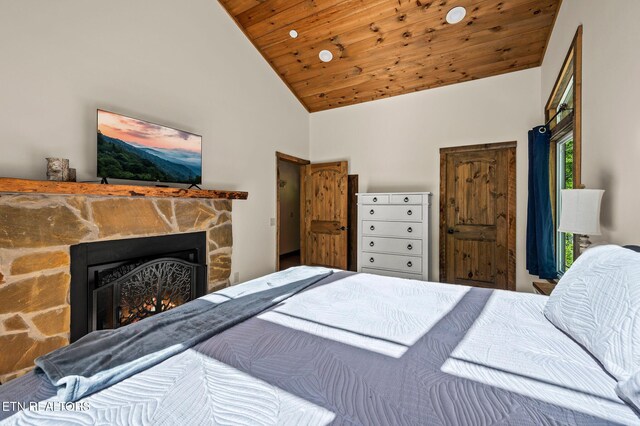 3721 Clabo Mountain Ln, Sevierville, TN 37862 - bedroom with wood ceiling, high vaulted ceiling, and a fireplace