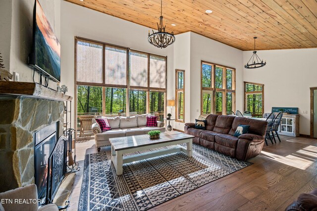 3721 Clabo Mountain Ln, Sevierville, TN 37862 - living room with a chandelier, wood ceiling, a fireplace, wood finished floors, and a towering ceiling