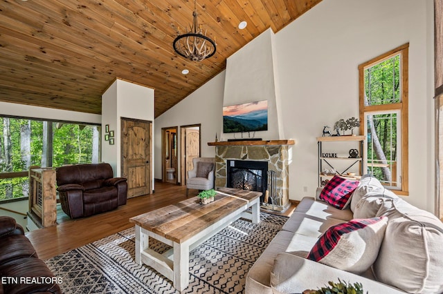 3721 Clabo Mountain Ln, Sevierville, TN 37862 - living area featuring healthy amount of natural light, high vaulted ceiling, wooden ceiling, a fireplace, and wood finished floors