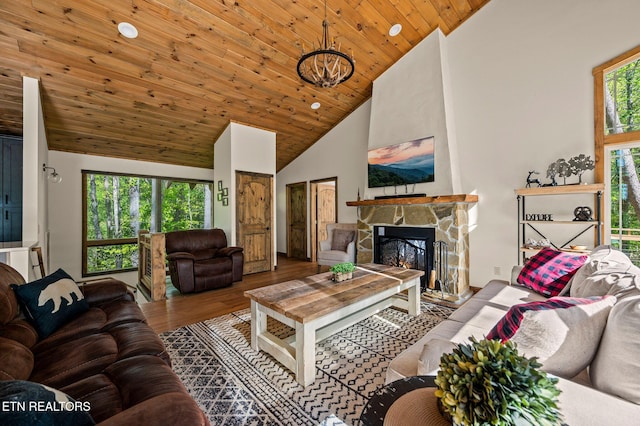 3721 Clabo Mountain Ln, Sevierville, TN 37862 - living area with a stone fireplace, wood finished floors, wooden ceiling, high vaulted ceiling, and a chandelier