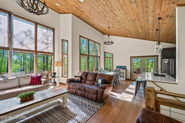 3721 Clabo Mountain Ln, Sevierville, TN 37862 - living room with high vaulted ceiling, wood ceiling, wood finished floors, and french doors