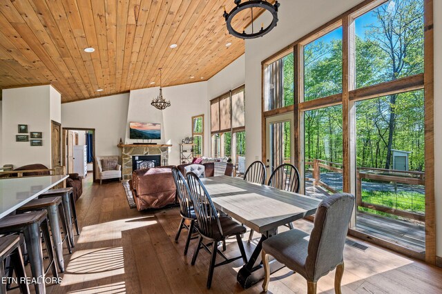 3721 Clabo Mountain Ln, Sevierville, TN 37862 - dining area with wood ceiling, hardwood / wood-style floors, a fireplace, recessed lighting, and a towering ceiling
