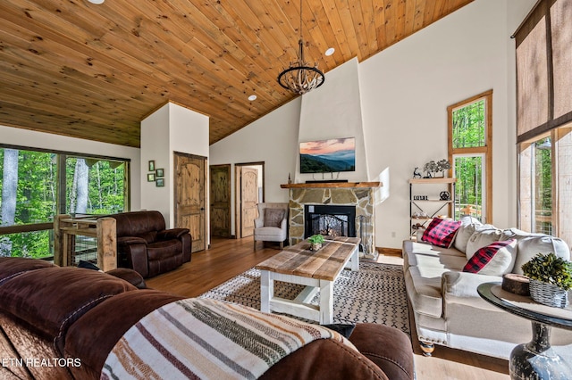 3721 Clabo Mountain Ln, Sevierville, TN 37862 - living room featuring healthy amount of natural light, high vaulted ceiling, wood finished floors, a stone fireplace, and wood ceiling