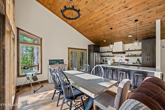 3721 Clabo Mountain Ln, Sevierville, TN 37862 - dining room featuring high vaulted ceiling, wooden ceiling, and light wood-style flooring