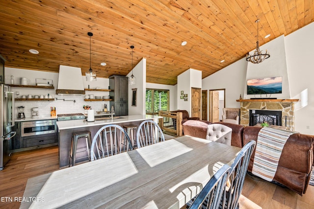 3721 Clabo Mountain Ln, Sevierville, TN 37862 - dining room with wood finished floors, a fireplace, a chandelier, wood ceiling, and high vaulted ceiling