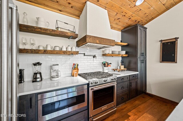 3721 Clabo Mountain Ln, Sevierville, TN 37862 - kitchen featuring stainless steel appliances, open shelves, custom range hood, wood ceiling, and dark wood-style floors