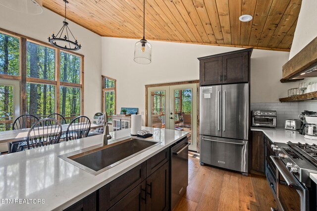 3721 Clabo Mountain Ln, Sevierville, TN 37862 - kitchen featuring appliances with stainless steel finishes, exhaust hood, wooden ceiling, light countertops, and dark brown cabinets