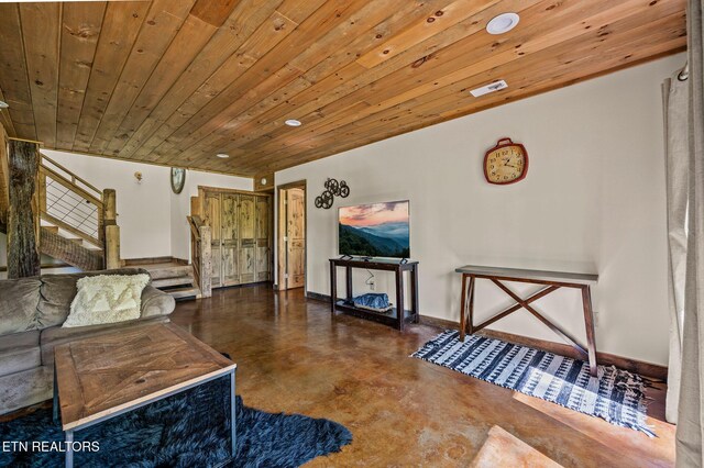 3721 Clabo Mountain Ln, Sevierville, TN 37862 - living room with concrete floors, stairs, and wooden ceiling