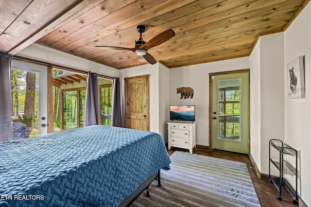 3721 Clabo Mountain Ln, Sevierville, TN 37862 - bedroom featuring access to outside, wooden ceiling, dark wood finished floors, and a ceiling fan