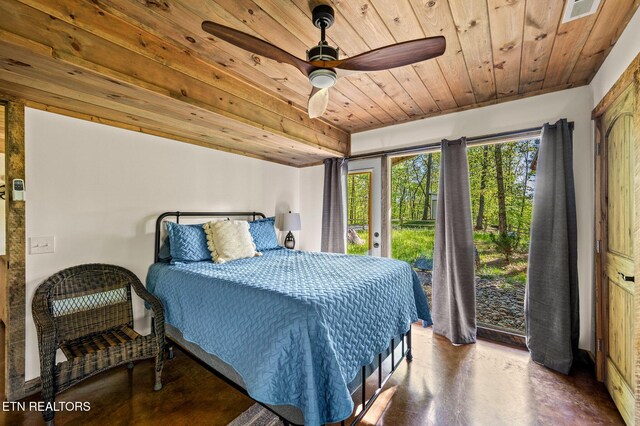 3721 Clabo Mountain Ln, Sevierville, TN 37862 - bedroom with wood ceiling, access to exterior, finished concrete flooring, and ceiling fan
