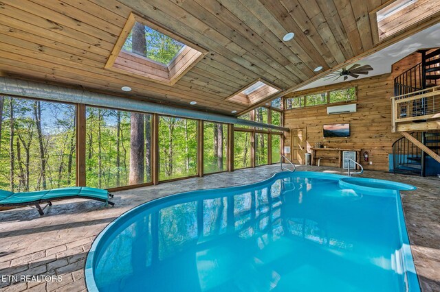 3721 Clabo Mountain Ln, Sevierville, TN 37862 - indoor pool with a skylight, a wall mounted AC, and ceiling fan