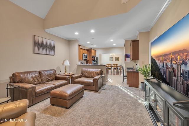 1036 Gothic Manor Way, Knoxville, TN 37923 - living room featuring ornamental molding, recessed lighting, and light colored carpet