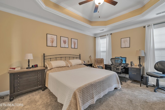 1036 Gothic Manor Way, Knoxville, TN 37923 - bedroom featuring light colored carpet, ornamental molding, a raised ceiling, ceiling fan, and an office area