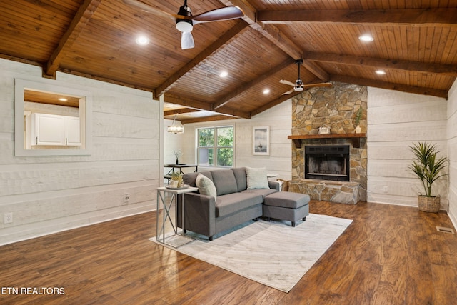 142 Campbell Way, Newport, TN 37821 - living room featuring ceiling fan, wooden ceiling, wood walls, wood finished floors, and a fireplace
