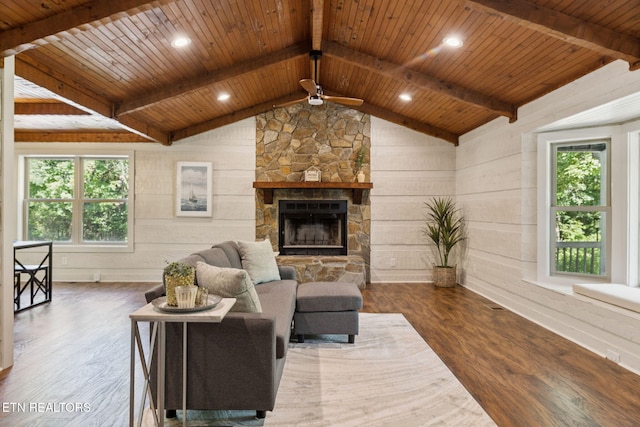 142 Campbell Way, Newport, TN 37821 - living area with healthy amount of natural light, wood finished floors, wooden walls, wooden ceiling, and a stone fireplace