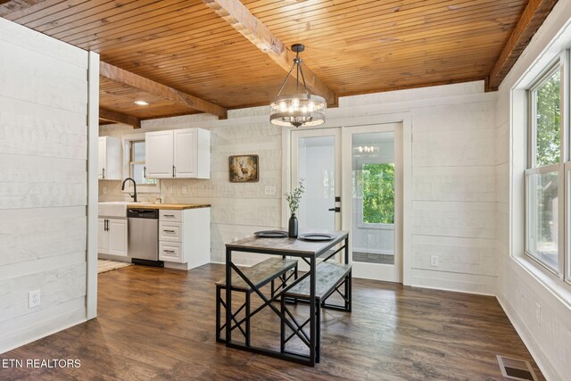 142 Campbell Way, Newport, TN 37821 - dining area with a wood ceiling with exposed beams, plenty of natural light, a chandelier, and dark wood finished floors