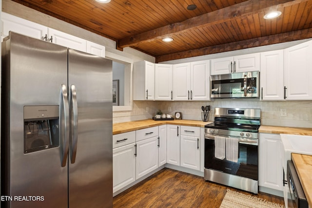 142 Campbell Way, Newport, TN 37821 - kitchen featuring appliances with stainless steel finishes, wood counters, a wooden ceiling with exposed beams, backsplash, and dark wood-type flooring